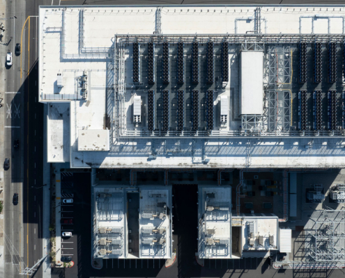 Afternoon sun shines on a data center facility in Vernon, California, USA